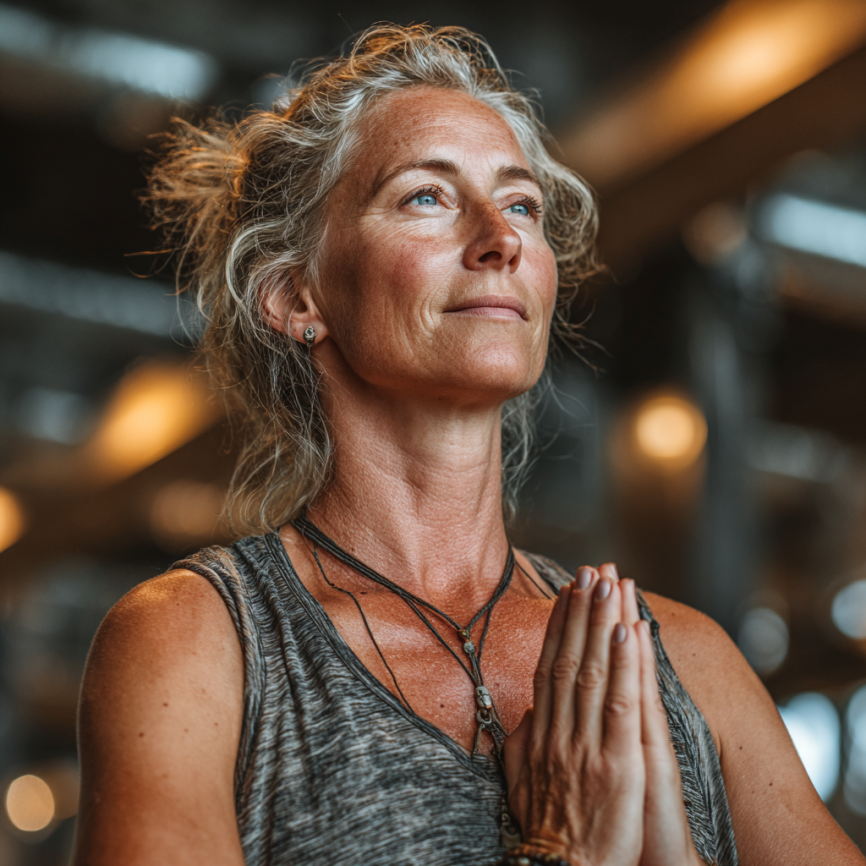 Літня жінка практикує йогу